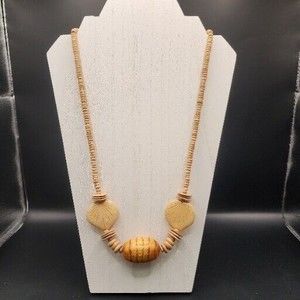 Vintage Hawaiian Hand Strung Beaded Necklace Wood Natural Center Oval Polished